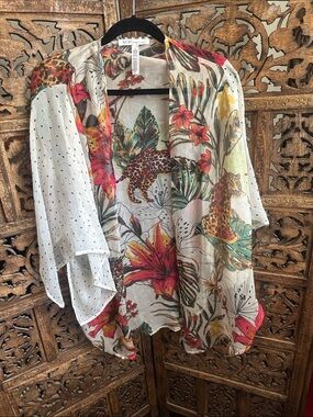 BCBGeneration White Sheer Kimono with Floral & Leopard Print